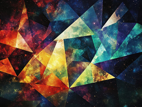 A galaxy of geometric shapes in vibrant colours, merging space and design in an abstract cosmic composition.