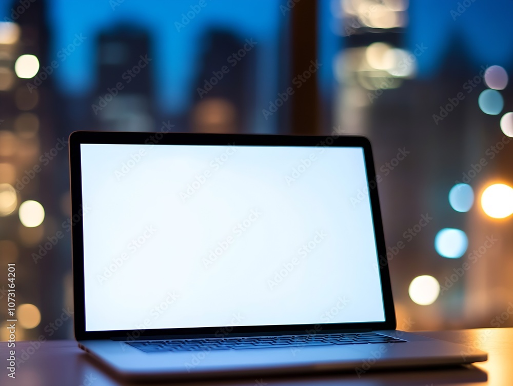 Poster digital device with empty screen facing blurred city skyline at night : generative ai