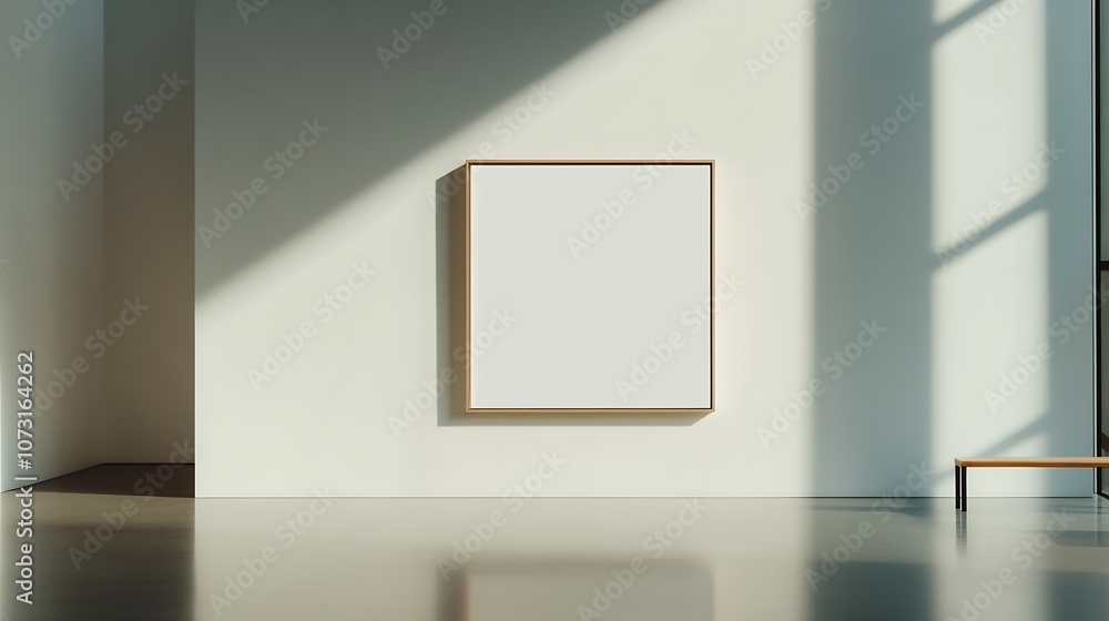 Poster Modern Art Gallery Featuring Empty Frame and Bench in Sunlit Minimalist Interior : Generative AI