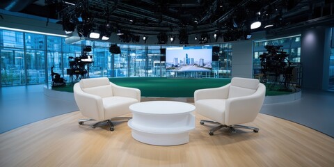 A modern, virtual TV studio news set featuring a green screen and sleek furnishings, ready for broadcast in a professional setting.