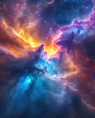 An ethereal nebula in vivid colours of orange and blue, capturing the dynamic and mystical essence of space.