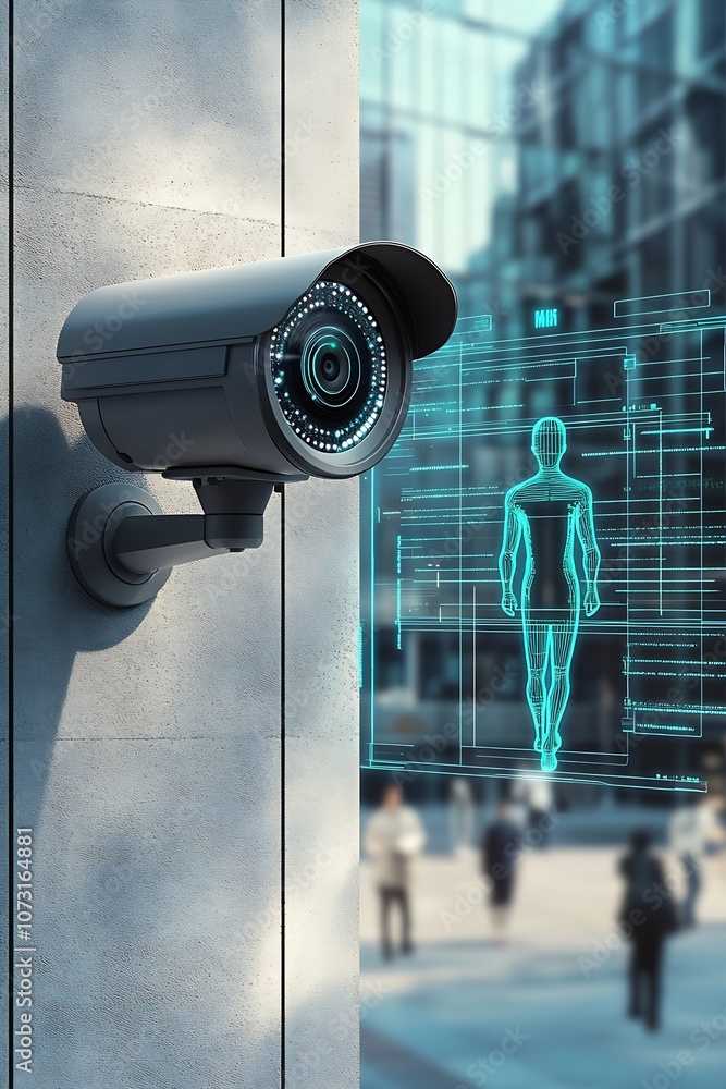 Poster Advanced Security Camera with Biometric Facial Recognition in Modern Urban Setting : Generative AI
