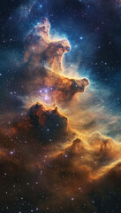 Fototapeta premium A stunning nebula with sharp edges, glowing in cosmic hues of blue and orange, capturing the vast beauty and mystery of outer space.