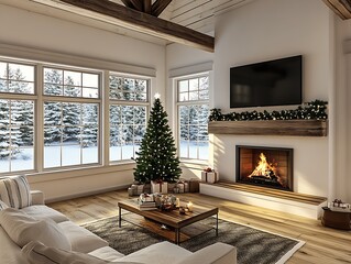 Fototapeta premium Cozy Living Room with Decorated Christmas Tree and Fireplace Overlooking Snowy Landscape : Generative AI