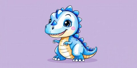 A cute blue cartoon dinosaur with big eyes and a friendly smile, set against a light purple background.
