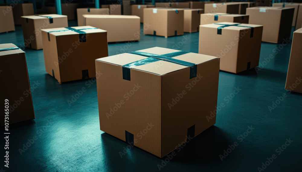Poster a warehouse scene featuring multiple cardboard boxes neatly arranged on a polished floor under ambie