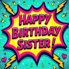 Obraz premium Eye-catching happy birthday sister funny meme card with retro patterns and comic style.