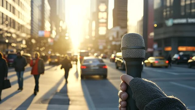 Reporter in action during breaking news event in city street