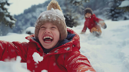 Kids are having fun outdoors, in the snow, winter time. Children playing outside in the snow....