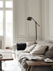 Cozy Living Room with Linen Sofa, Wooden Furniture, and Floor Lamp