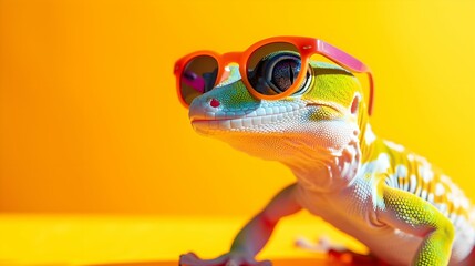 gecko wearing sunglasses on a yellow color background, vector art, digital art, faceted, minimal, abstract, panorama background. Generative AI.