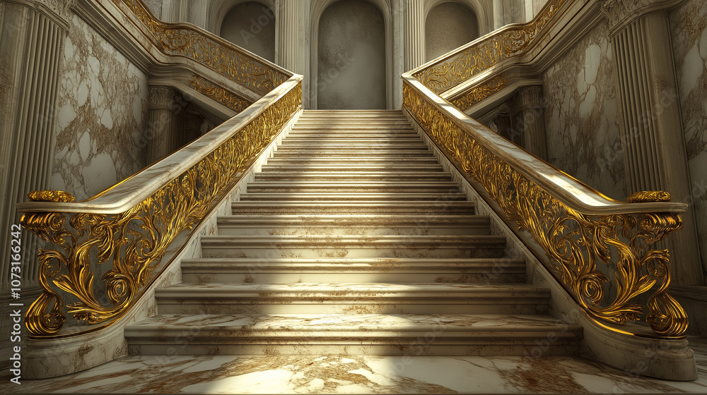 Poster symmetrical marble staircase with gold railings: a grand marble staircase with golden railings and i