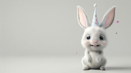 Fototapeta premium A cute cartoon bunny wearing a party hat, sitting in front of a white background.
