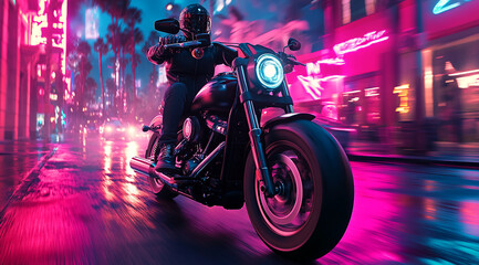 A motorcyclist rides through a neon-lit city street on a rainy night. The rider is wearing a helmet and leather jacket, and the motorcycle is a classic cruiser with a large front tire