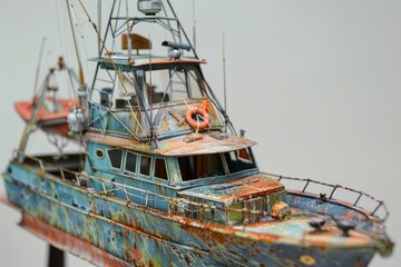 Scale model of a fishing boat with rust and peeling paint, showing the effects of time and the elements