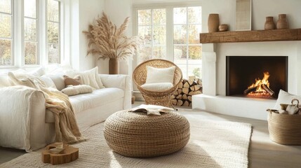 Fototapeta premium Cozy Living Room with Fireplace, White Sofa, and Wicker Chair