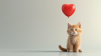 A cute orange kitten looking up at a heart-shaped balloon.