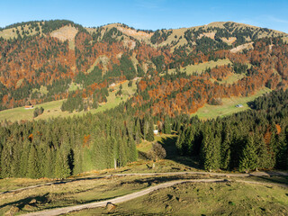 panoramic Aerial landscape photo of the Begenz Forest mountains in the Leckner Valley near Hittisau, Vorarlberg, Austrian Alps