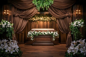 Obraz premium Elegant and Serene Funeral Decor with Dark Curtains and Soft Lighting Surrounded by Beautiful Floral Arrangements in a Tastefully Designed Setting
