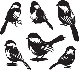 Black capped chickadee sitting poses silhouette set black and white 