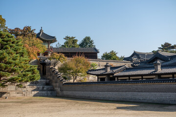 Korean traditional building in Changdeokgung palace. It is one of the Five Grand Palaces built by the kings of the Joseon dynasty. with beautiful autumn foliage.