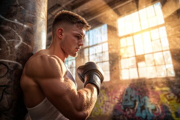 Young Man Practicing Boxing Techniques with Jabs and Uppercuts in an Industrial Setting with Artistic Light and Urban Graffiti Background