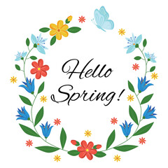 Square greeting card Hello spring beautiful simple flowers, butterfly, vector illustration on a white background