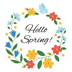 Hello spring greeting card, vector flowers on white background