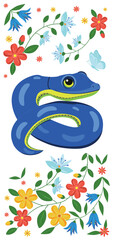 Flyer with cartoon character of snake, floral frame with flat vector flowers, leaves , blue cyan, red and yellow colors