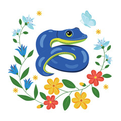 Cartoon Snake in blue surrounded by vector flat flowers, yellow red, green