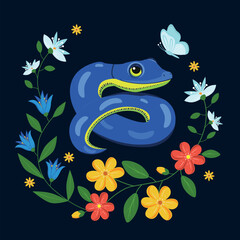 Cute spring blue cartoon snake in a frame of flat vector flowers red, yellow, green on a dark background