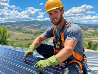 Skilled technician in safety gear performing maintenance on solar panels under a clear blue sky, showcasing industry standards and safety practices in renewable energy sector.