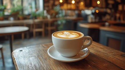 Inviting Coffee Shop with Rustic Décor and Perfect Latte Art Display : Generative AI