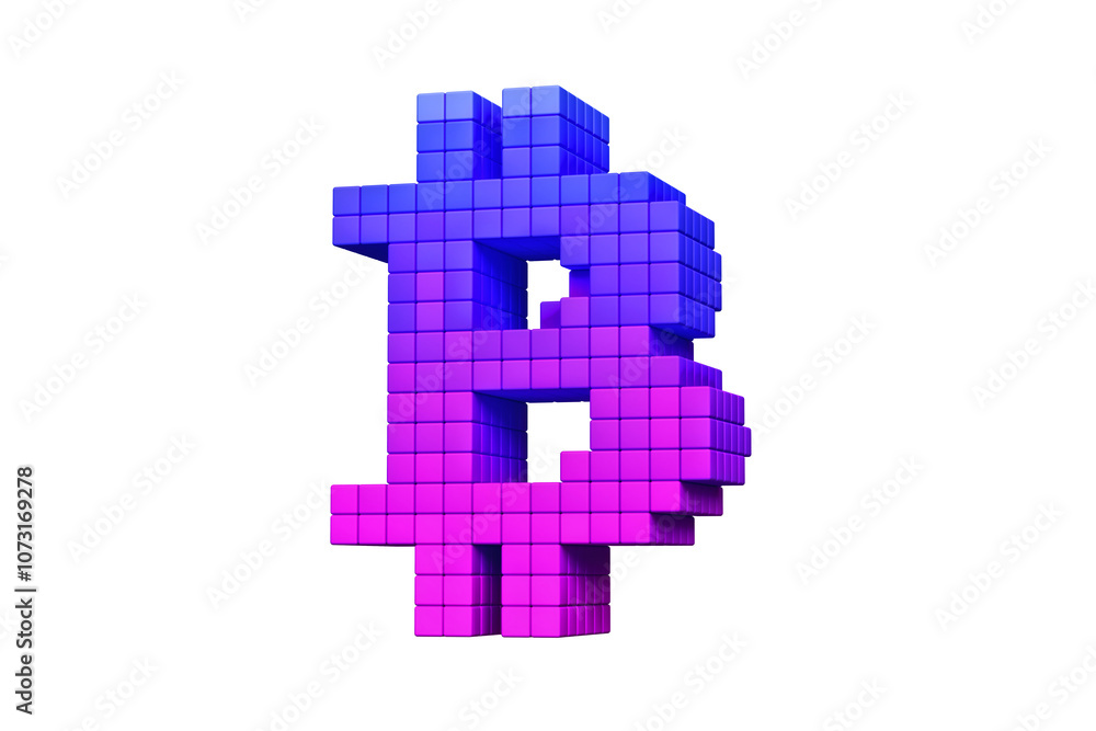 Poster pixel art style bitcoin logo in pink and blue. high definition 3d rendering modern retro design conc