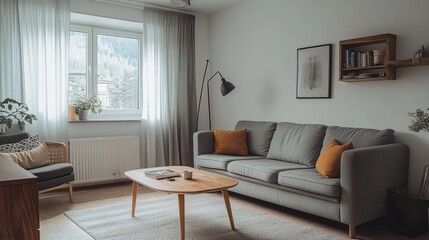 Modern living room with gray couch, wooden coffee table, and a view of trees through the window.