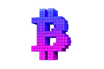 Pixel art style Bitcoin logo in pink and blue. High definition 3D rendering modern retro design concept.