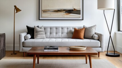 A Grey Sofa with Cushions in a Modern Living Room