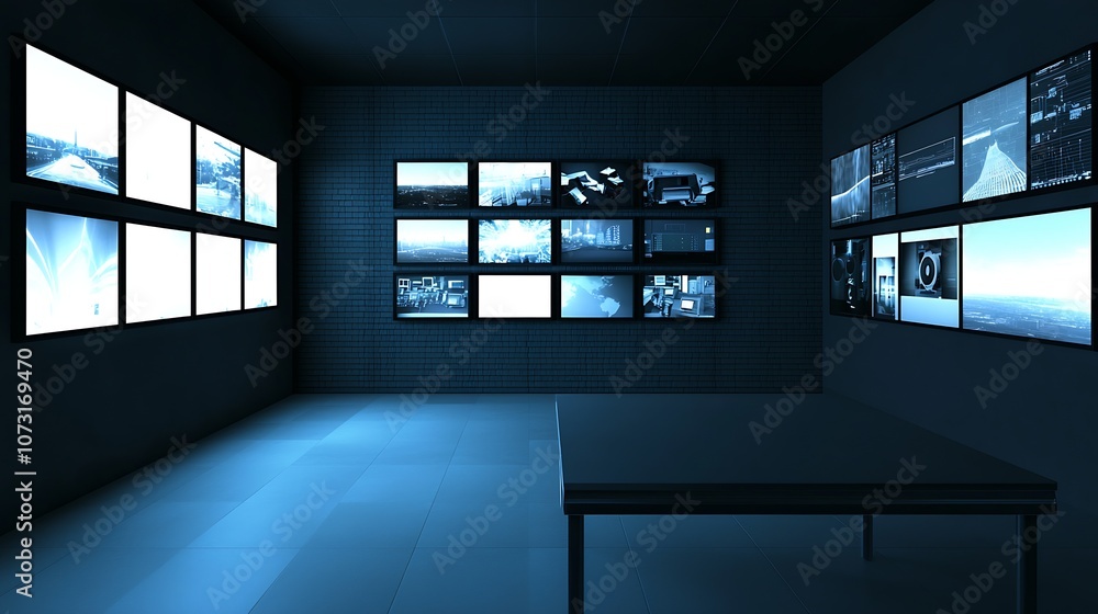 Aufkleber futuristic surveillance room with multiple screens showing diverse footage : generative ai