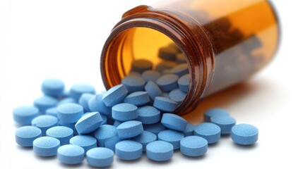 Blue pills spilling out of a brown bottle on white background.