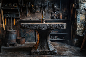 Rustic blacksmith workshop with anvil and tools in a dimly lit, atmospheric setting filled with vintage charm and iron craftsmanship.