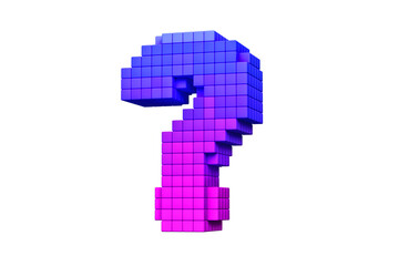 Pixel art style question mark in pink to purple. High definition 3D rendering design stylized like in 8-bit games.