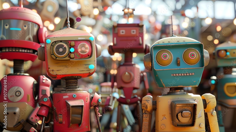 Poster a group of friendly-looking robots with large eyes.