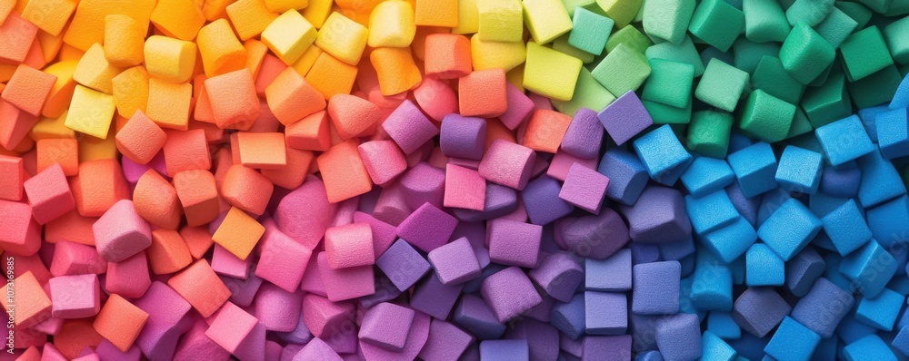 Poster a vibrant array of colorful sugar cubes arranged in a gradient, showcasing hues from red to violet, 