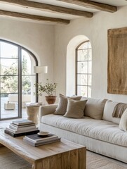 Modern Living Room with Arched Windows and Wooden Beams