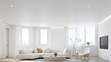 Fototapeta premium Stylish modern living room with white walls, sofa, and large windows for natural light