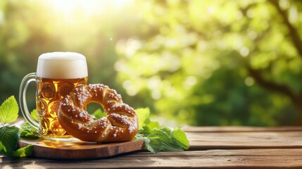 Pretzel and Beer on Wooden Board in Daylight