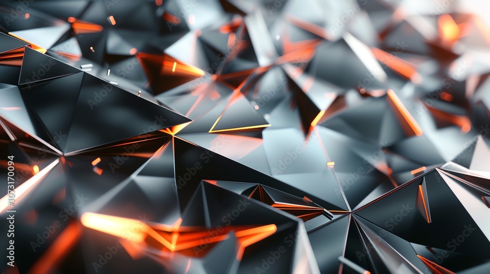 Poster abstract background with shiny black triangular shapes with orange lines of light.