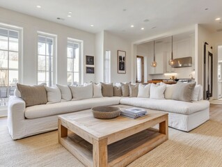 Modern Living Room with White Sectional Sofa and Wooden Coffee Table