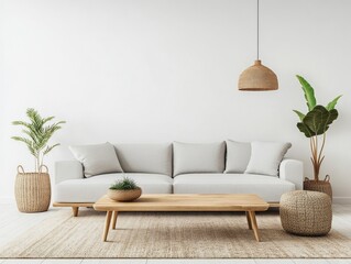 Minimalist Living Room with White Sofa, Wooden Coffee Table, and Woven Accents