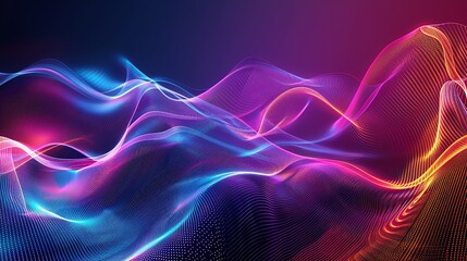 Abstract, glowing, colorful, wavy lines and dots forming a pattern.